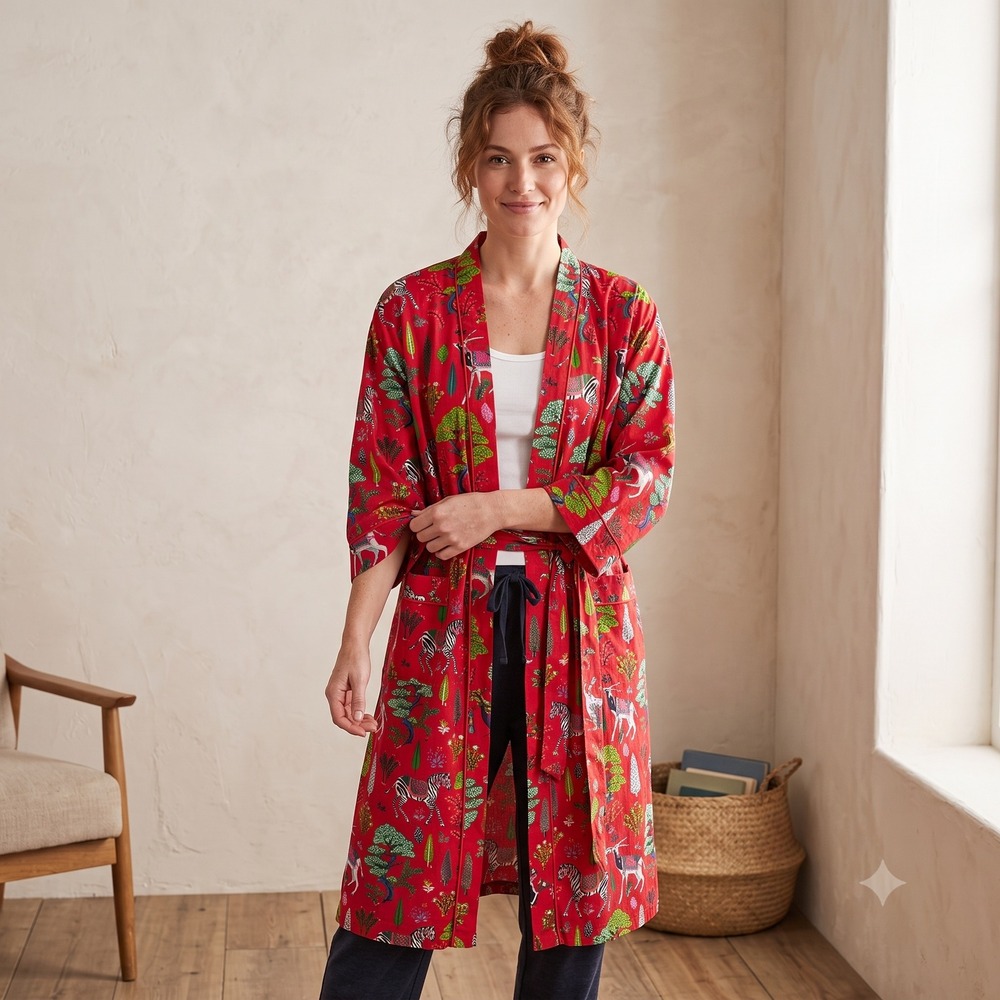 Printfresh Antelope's Foret Women Robe S/M Red Zebra Animal Print Organic Cotton